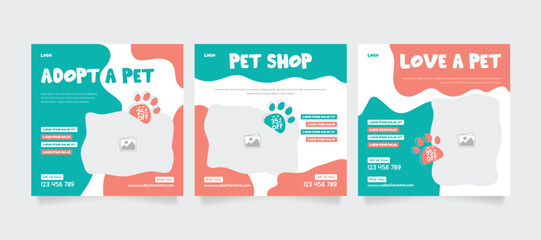 Set of pet care promotion Instagram banner.  Social media template pack. Pet adoption social media post template. Pet shop social media carousel template. 