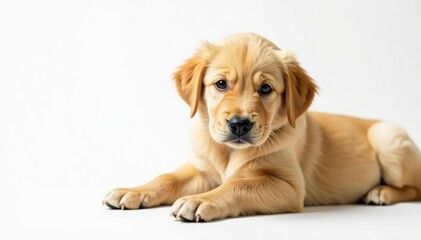 Golden Retriever puppy lies on white backdrop, golden retriever, background, pet