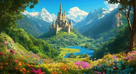 A majestic fairytale castle sits upon a lush green mountain