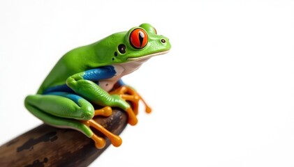Naklejka premium Green tree frog perched on white, vibrant color , isolated, copy space