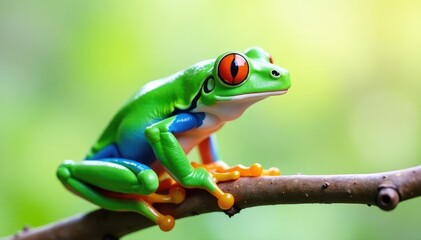 Green tree frog perched on white, vibrant colors, closeup, amphibian photography, isolated frog