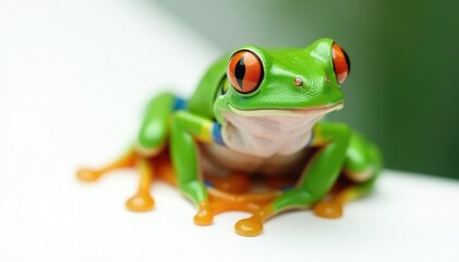 Obraz premium Green tree frog perched on white, vibrant skin, clean, tropical, amphibian