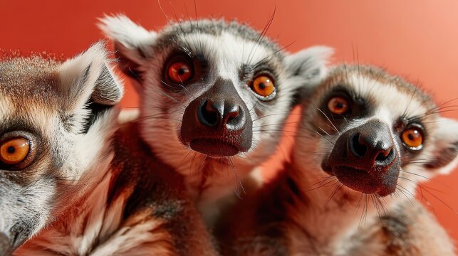 Three lemurs with intense expressions pose together, highlighting their striking features and social behavior, capturing the essence of their playful group dynamics.