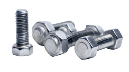 Close-up of metallic bolts and nuts. transparent background