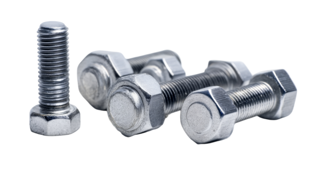 Close-up of metallic bolts and nuts. transparent background
