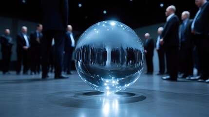 Crystal sphere reflecting a group of people