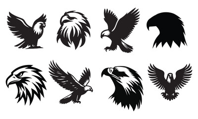Elegant and fierce eagle emblem designs in black and white, featuring strong and detailed eagle heads in circular patterns, ideal for branding, tattoos, and graphic design