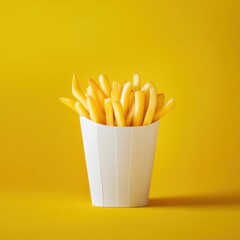 Golden french fries are served in a white paper container