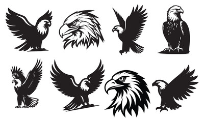set of eagle vector silhouette illustration ,Black and white rooster and cock vector illustration with bird and tattoo style elements