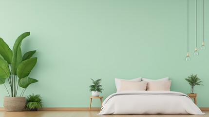 Modern Bedroom Serenity: A minimalist bedroom features a pastel green wall and a cozy bed and indoor plant, creating a sense of peace and relaxation.