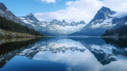 Crystal-clear mountain lake with snowy reflections and blue skies. Ideal for travel, nature, and landscape visuals.
