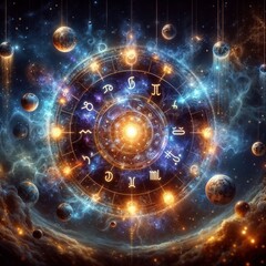 Obraz premium Celestial Zodiac Symbols in a Cosmic Galaxy Background 