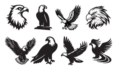Eagle silhouettes set, large pack of vector silhouette design, isolated white background