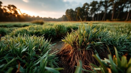 A close-up view of dew-covered grass blades under soft morning light, capturing the serenity and freshness of nature at dawn, highlighting the beauty of detail.