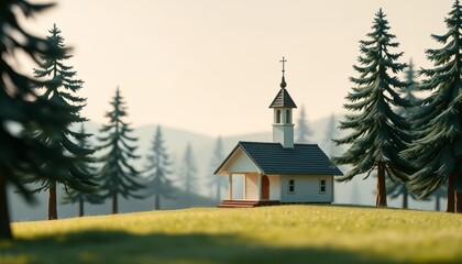 Pixelized Church in a Mountainous Forest at Dawn