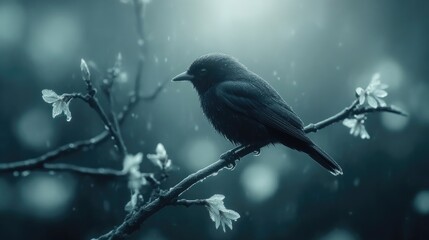 Fototapeta premium A dark bird perched on a branch, bathed in soft light, during a misty rain. Delicate white flowers and budding leaves add a touch of spring