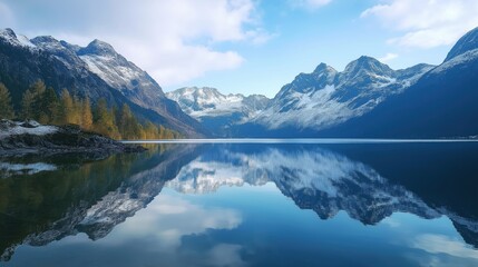 Fototapeta premium Crystal-clear mountain lake with snowy reflections and blue skies. Ideal for travel, nature, and landscape visuals.