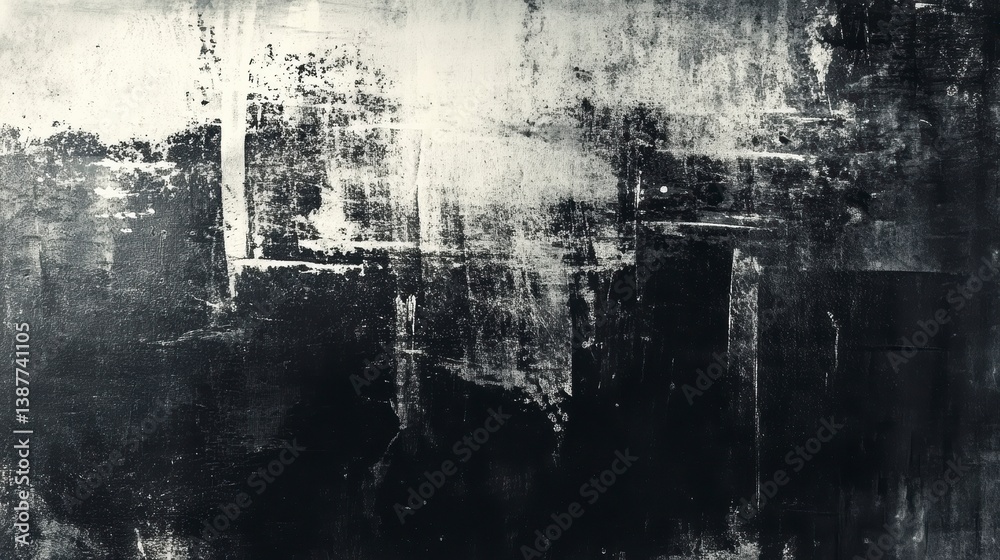 Poster abstract grayscale grunge texture with dark and light shades, showing brush strokes and paint splatt
