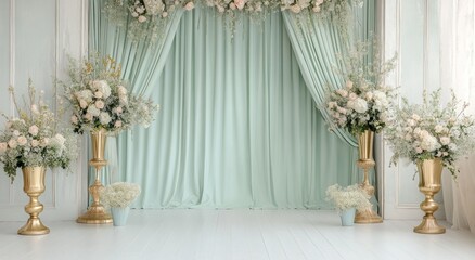 An elegant background decorated with flowers and a large curtain
