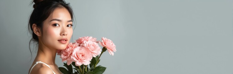 Fototapeta premium Young beautiful asian woman with flawless skin poses near pink carnation flowers. Natural beauty and fresh makeup. Studio shot on grey background. Woman with bouquet of pink flowers.