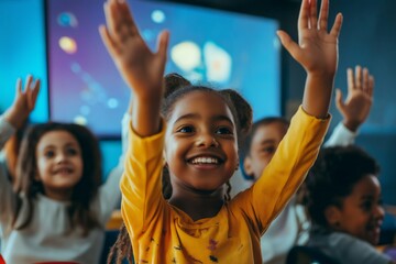 Fototapeta premium Group of happy young pupils raising hands to answer teacher's question in modern classroom