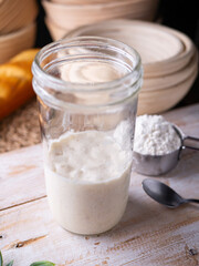 Fermenting Sourdough Starter Wild Yeast in a Kitchen Jar.