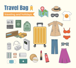 Travel bag and accessories set for tourists.