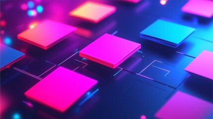 Fototapeta premium Vibrant Technological Tapestry: A captivating display of interconnected digital squares, rendered in vivid neon hues, showcases the dynamic world of technology, communication.