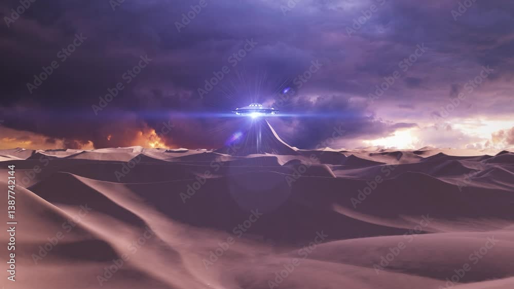 Canvas Prints alien spaceship ufo over desert dunes, 3d rendering