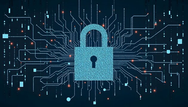 The illustration features a complex binary code lock being infiltrated by streams of digital data, symbolizing a cyber breach