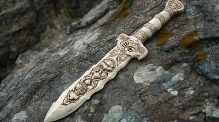 A bone dagger with intricate carvings lying on a rock --ar 16:9 --v 6.1 Job ID: dad0a413-83e5-4530-8fa7-1ec789ef1328