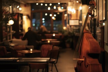 Cozy jazz bar with warm lighting and a double bass in the foreground creating a relaxing and inviting atmosphere