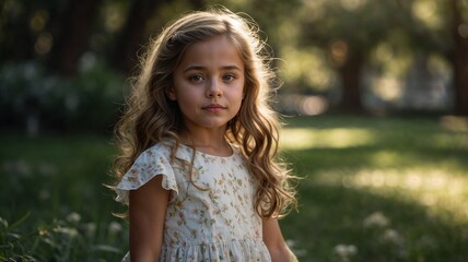 Realistic Morning Park Portrait of an Innocent Girl in First Light