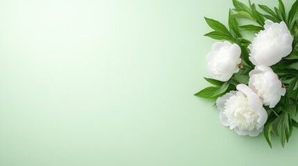 White peonies with green leaves are arranged on a light green background. The image is high-quality, well-lit, and features a minimalist style. Soft, calming colors create a serene mood. The backgro
