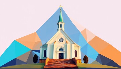 White Church on Geometric Mountain Landscape