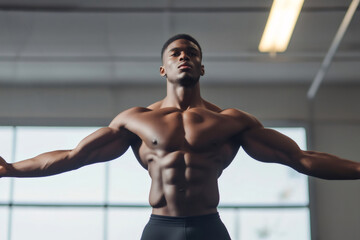 Muscular African American athlete showing his progress after weeks of intense workout in a gym