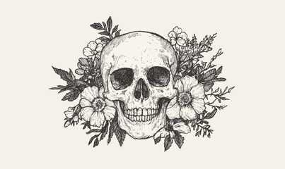 Obraz premium Minimalist Hand-Drawn Skull with Flowers Vector Illustration for Graphic Design