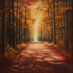 Obraz premium A tranquil forest path lined with autumn leaves, golden and crimson hues glowing in soft sunlight