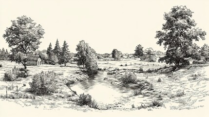 Rural countryside landscape sketch engraving with trees, river, and distant village in vintage monochrome style