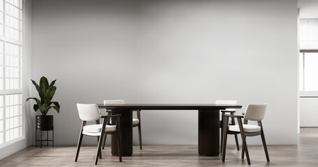 dinner room japanese style with long table and wooden chairs in room japandi.3D rendering