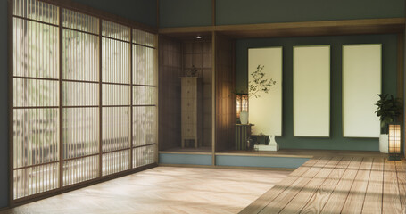 Japan style empty room with graywall with wood wall design. 3d rendering