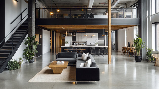 Sleek black and white loft with modern furniture and open layout