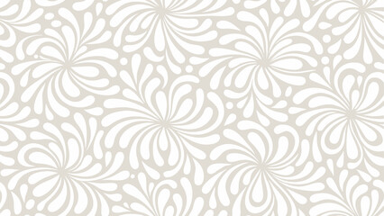 Seamless vector pattern with soft flowing abstract shapes in swirling radial symmetry with water droplet and petal forms in light beige and white tones for elegant backgrounds