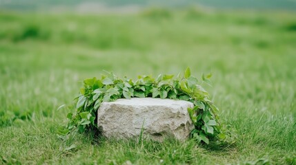 Obraz premium Natural stone pedestal adorned with greenery
