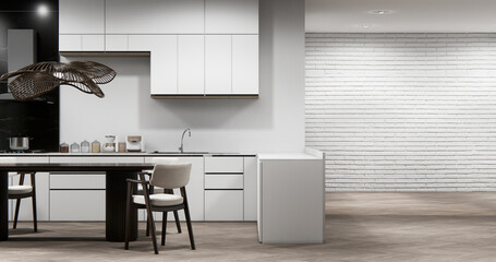 dinner room japanese style with long table and wooden chairs in room japandi.3D rendering