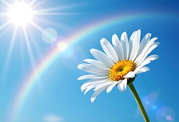 Bright Daisy Flower Against Clear Blue Sky with Rainbow Background