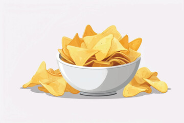 A side view of a snack bowl of savoury potato chips party food, crispy nibbles isolated against a transparent background