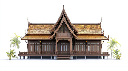Traditional Thai house with ornate wooden design and palm trees