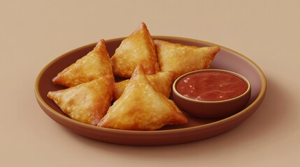 Golden samosas with tamarind sauce on terracotta background isolated
