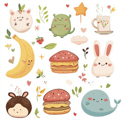 A collection of cute, hand-drawn style illustrations featuring anthropomorphic food and animal characters. Includes a smiling banana, a cheerful mushroom with a tiny face, a sleepy moon hugging a star